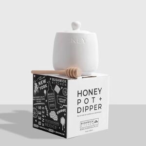 Honey Pot & Dipper White‎ Ceramic Jar Wood Dipper Bushwick Kitchen Honey Storage